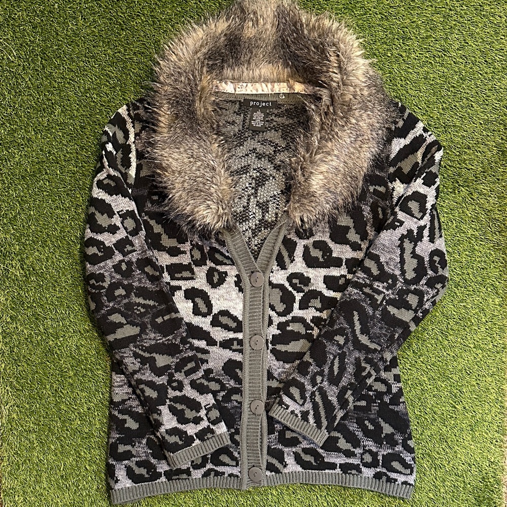 Y/Project Black and Gray Leopard Cardigan with Faux Fur Collar